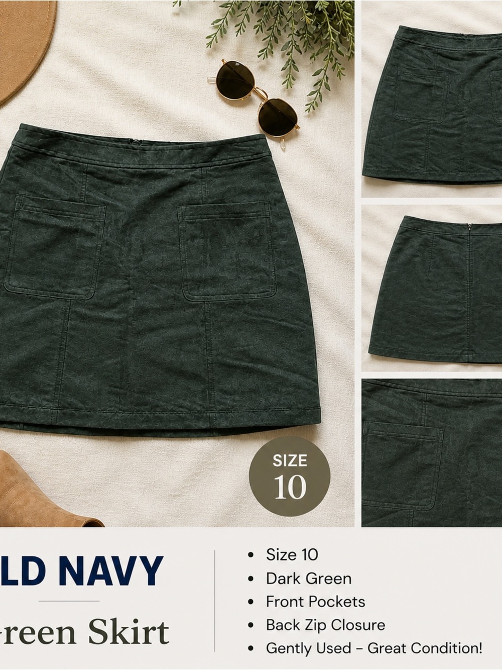 Dark Green Women’s A-Line Skirt with Front Pockets Size 10